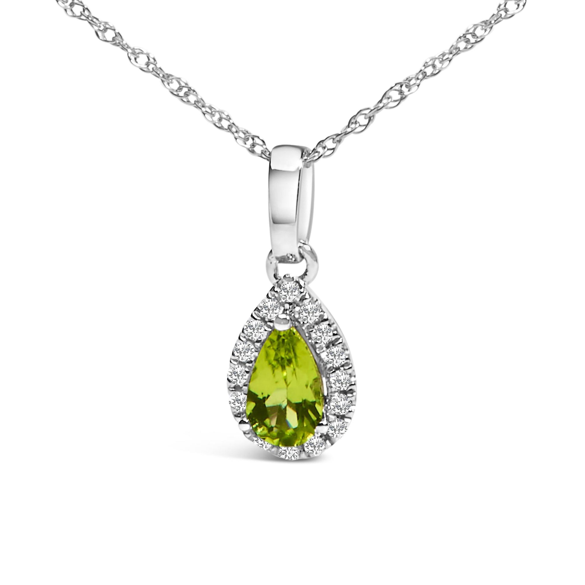 Front view of a white metal necklace with a pear-shaped yellow gemstone pendant surrounded by small round white gemstones in a halo setting.