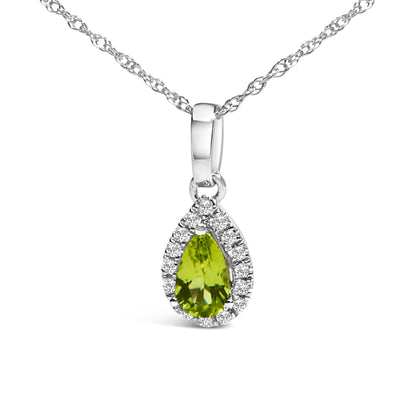 Front view of a white metal necklace with a pear-shaped yellow gemstone pendant surrounded by small round white gemstones in a halo setting.