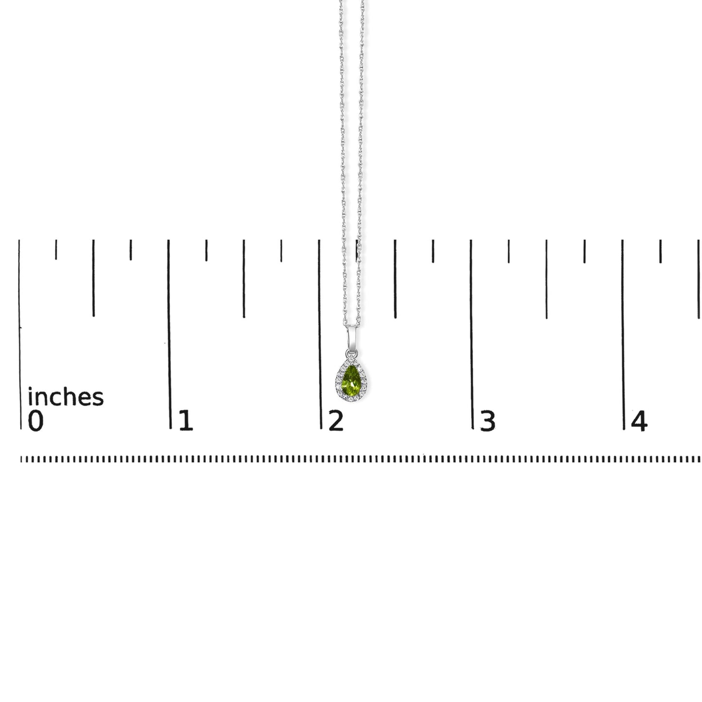 Front view of a white metal necklace with a pear-shaped yellow gemstone pendant surrounded by small round white gemstones, displayed on a ruler for size reference.