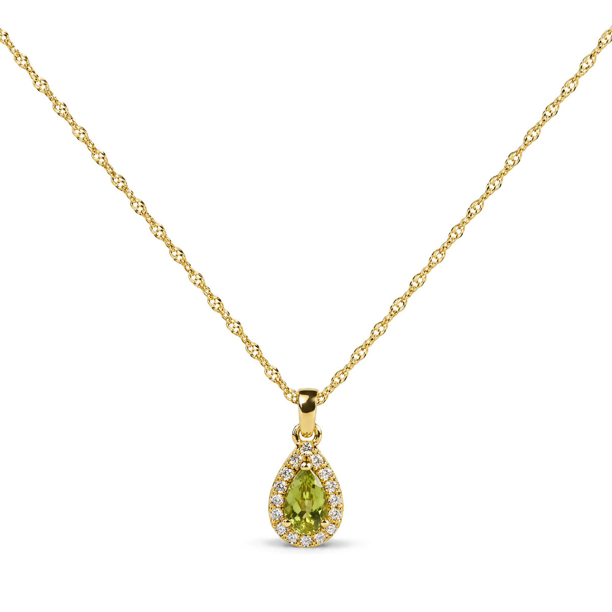 Close-up front view of a yellow metal necklace with a pear-shaped green gemstone pendant surrounded by small round white gemstones in prong settings.
