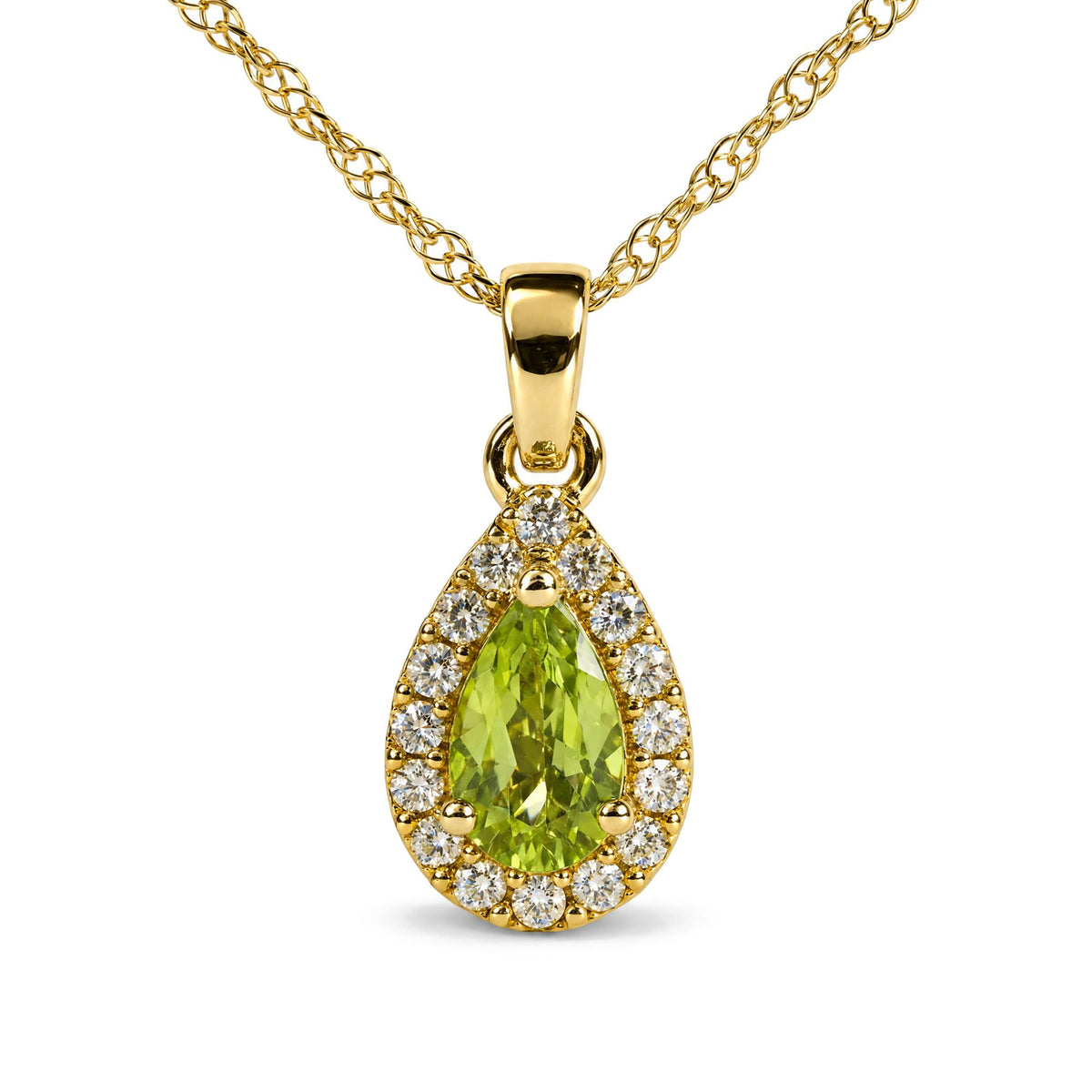 Close-up front view of a yellow necklace with a pear-shaped green gemstone surrounded by round white gemstones set in a pendant on a woven chain.