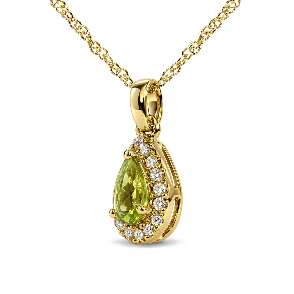 Close-up front view of a yellow metal necklace with a pear-shaped green gemstone pendant surrounded by round white gemstones in prong settings.