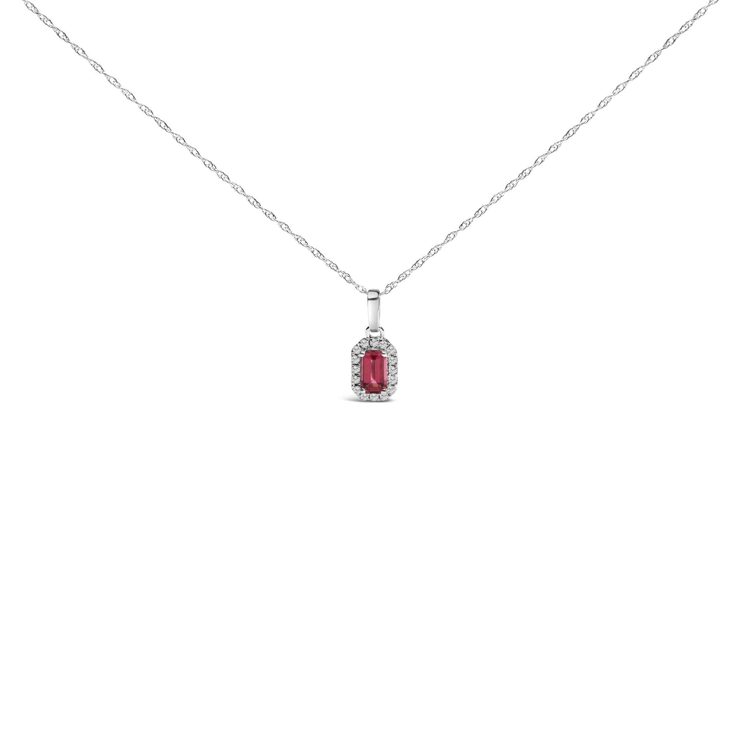 Front view of a white metal necklace with a rectangular pendant featuring a pink oval gemstone surrounded by small white round gemstones in micro-pave setting.