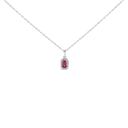 Front view of a white metal necklace with a rectangular pendant featuring a pink oval gemstone surrounded by small white round gemstones in micro-pave setting.