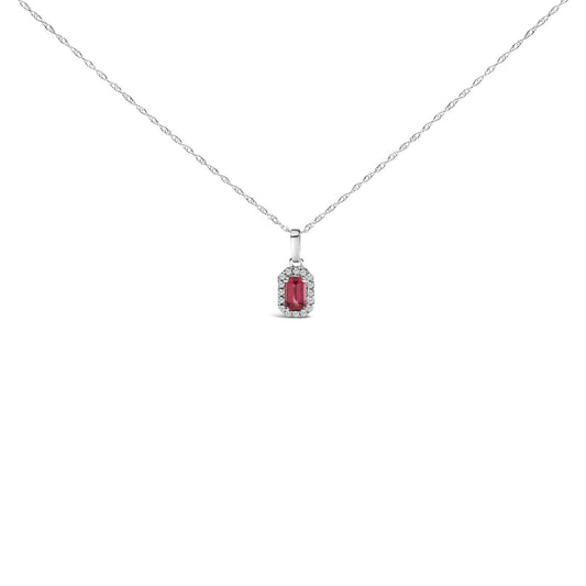 Front view of a white metal necklace with a rectangular pendant featuring a pink oval gemstone surrounded by small white round gemstones in micro-pave setting.