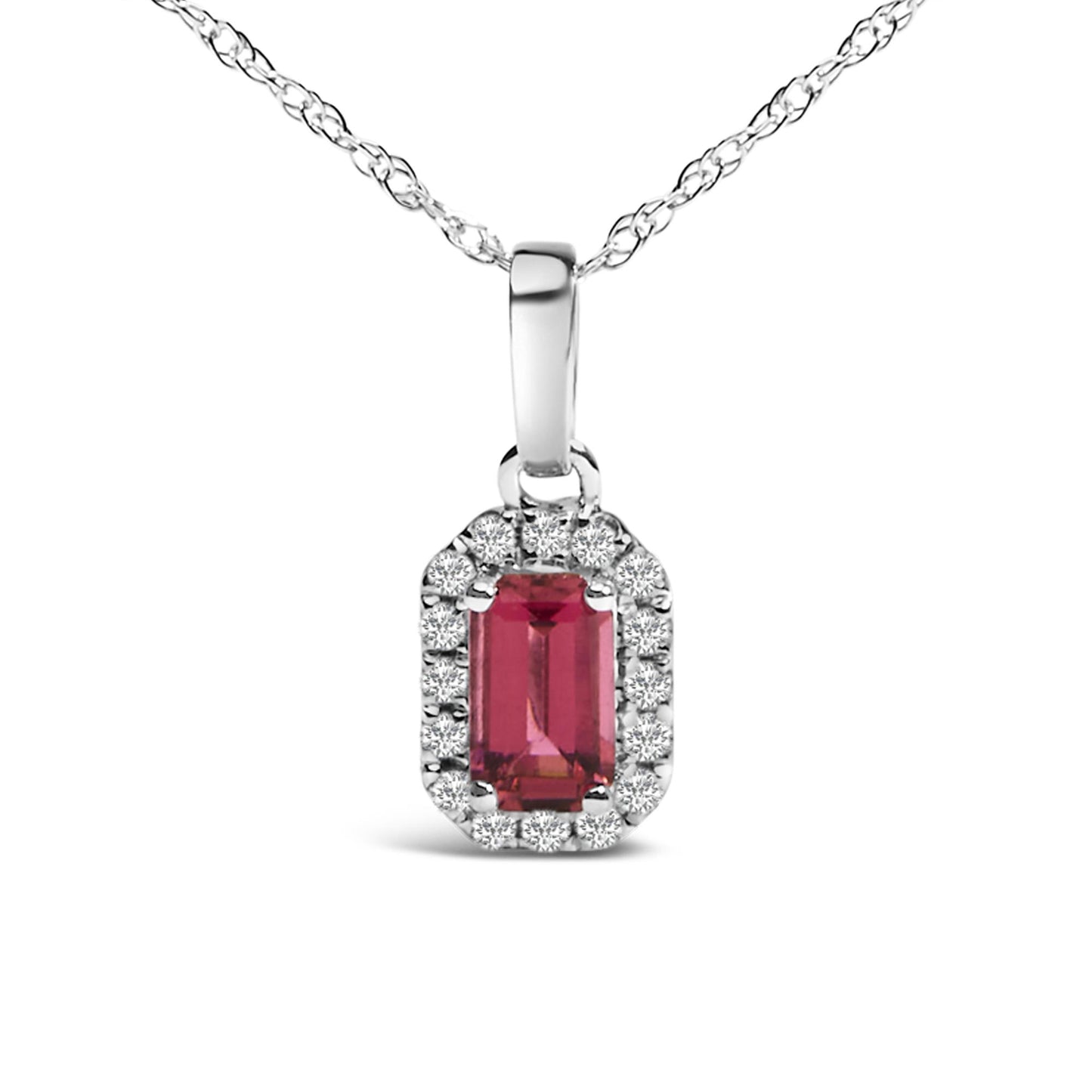 Front view of a white metal necklace with a rectangular pink gemstone pendant surrounded by small round white gemstones in a micro-pave setting.