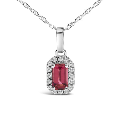 Front view of a white metal necklace with a rectangular pink gemstone pendant surrounded by small round white gemstones in a micro-pave setting.