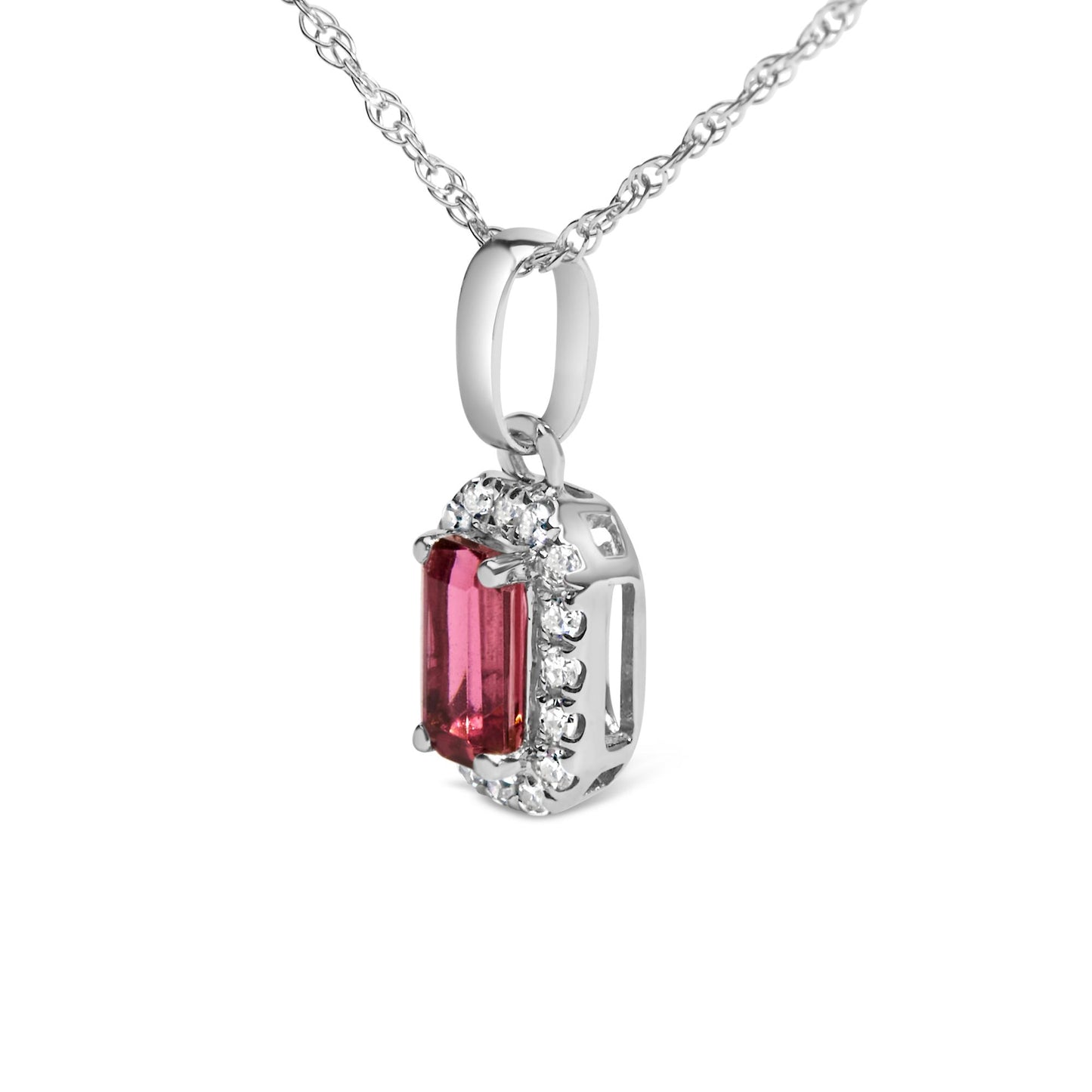 Close-up side angle of a white metal necklace pendant featuring an oval pink gemstone in a prong setting surrounded by multiple small round white gemstones in a micro-pave setting.