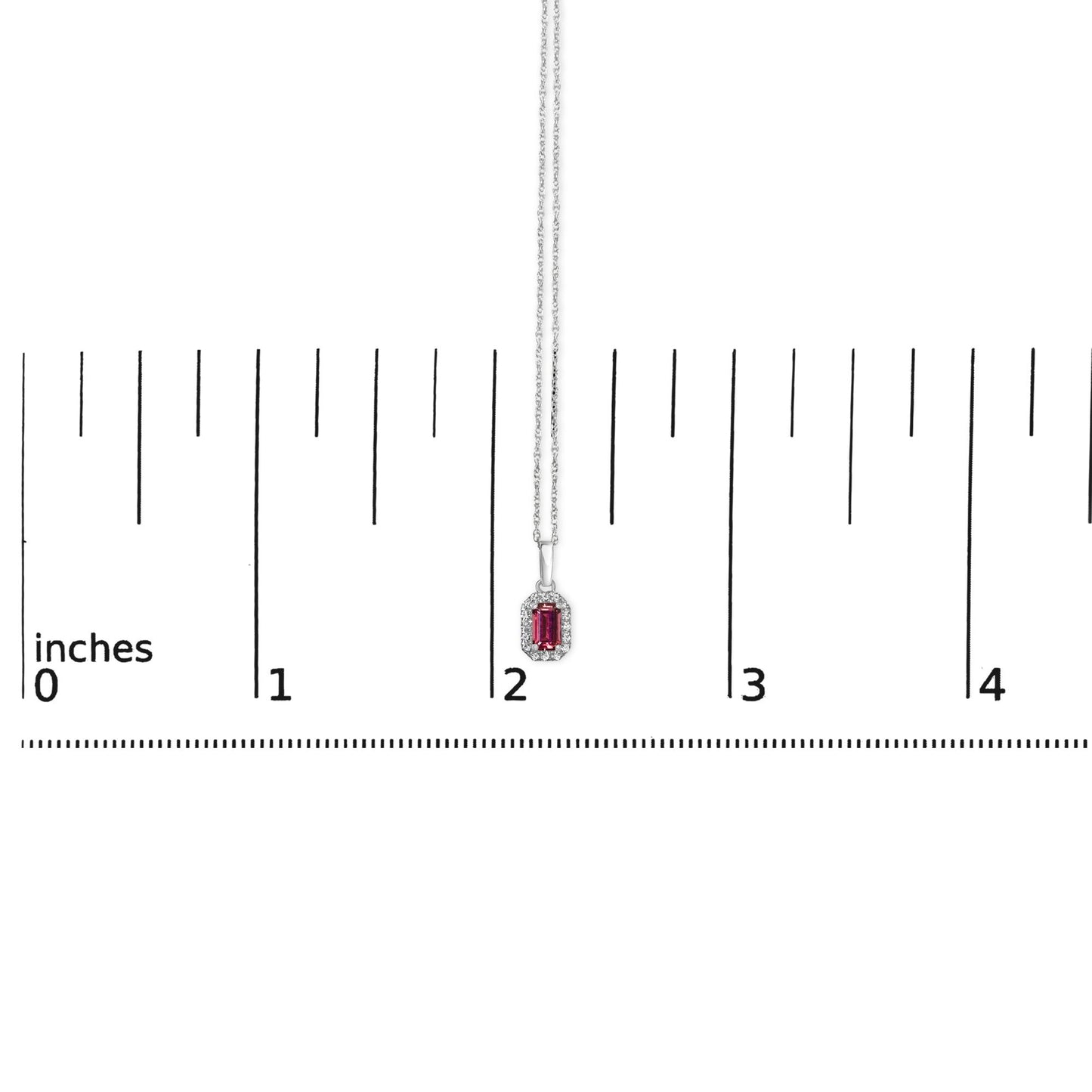 White necklace with a pink oval gemstone surrounded by small white round gemstones, shown on a ruler for size reference, front view.