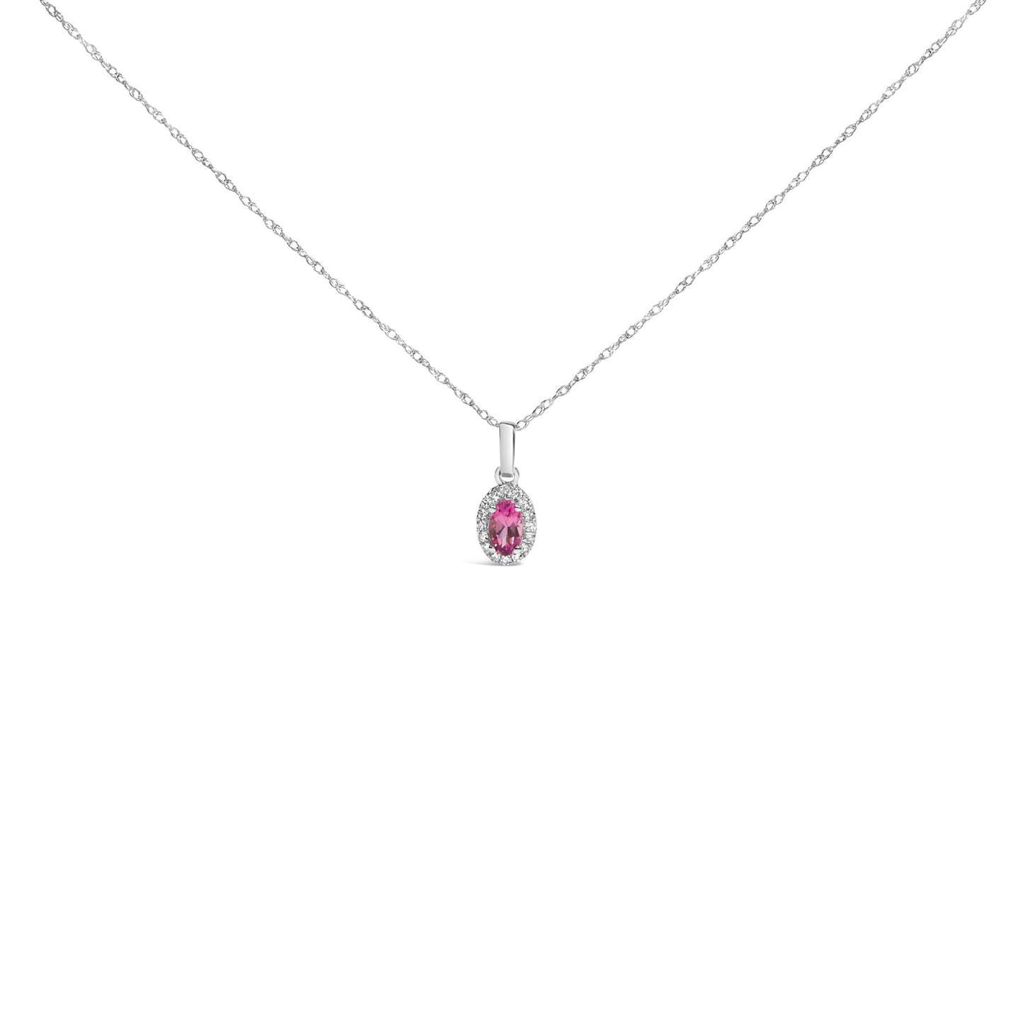 Front view of a white metal necklace with a small pendant featuring a pink pear-shaped gemstone surrounded by round white gemstones in micro-pave setting.