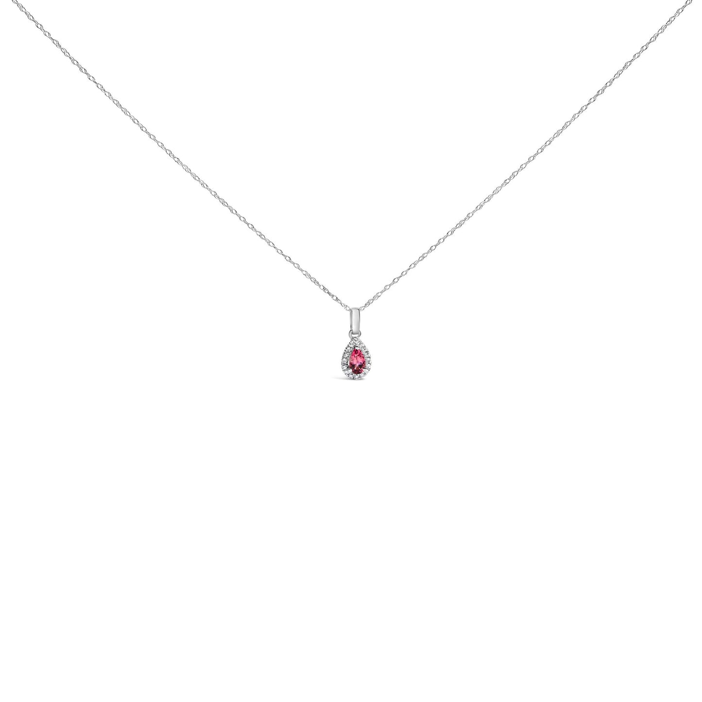 Front view of a white metal necklace with a teardrop-shaped pink gemstone pendant surrounded by small round white gemstones in micro-pave setting.