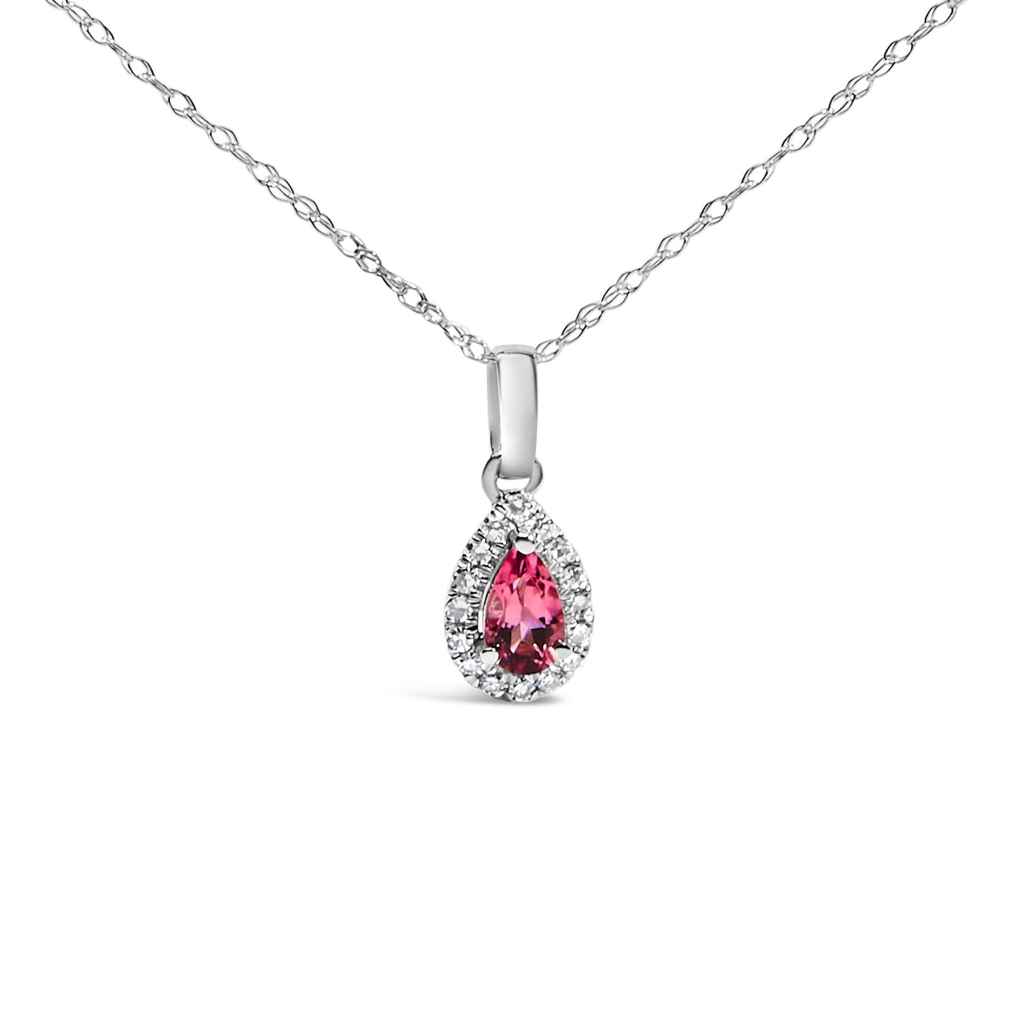 Front-facing view of a white metal necklace with a teardrop-shaped pendant featuring a pink gemstone in a prong setting surrounded by small round white gemstones in micro-pave setting.