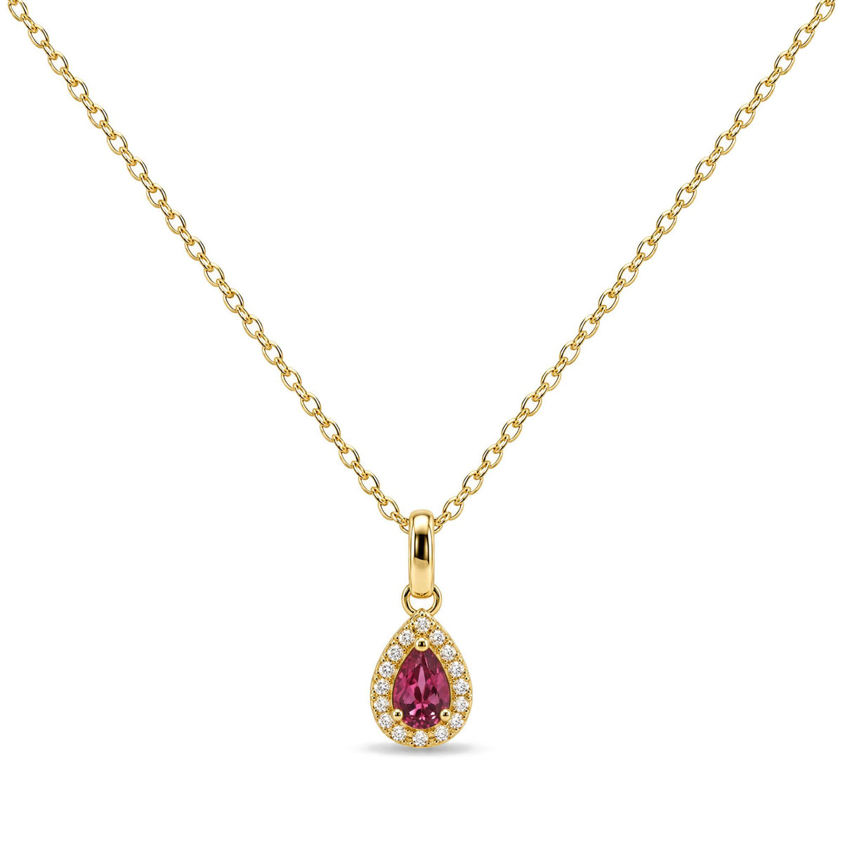 Close-up front view of a yellow metal necklace with a pear-shaped pink gemstone pendant surrounded by small white gemstones.