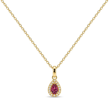 Close-up front view of a yellow metal necklace with a pear-shaped pink gemstone pendant surrounded by small white gemstones.