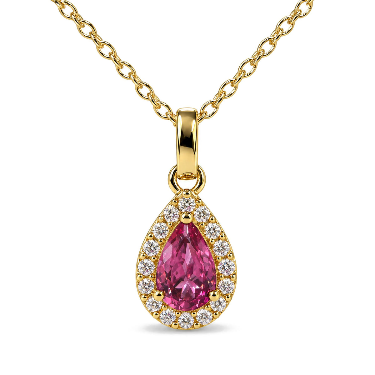 Close-up front view of a yellow metal necklace pendant with a pear-shaped pink gemstone surrounded by round white gemstones, shown on a white background.
