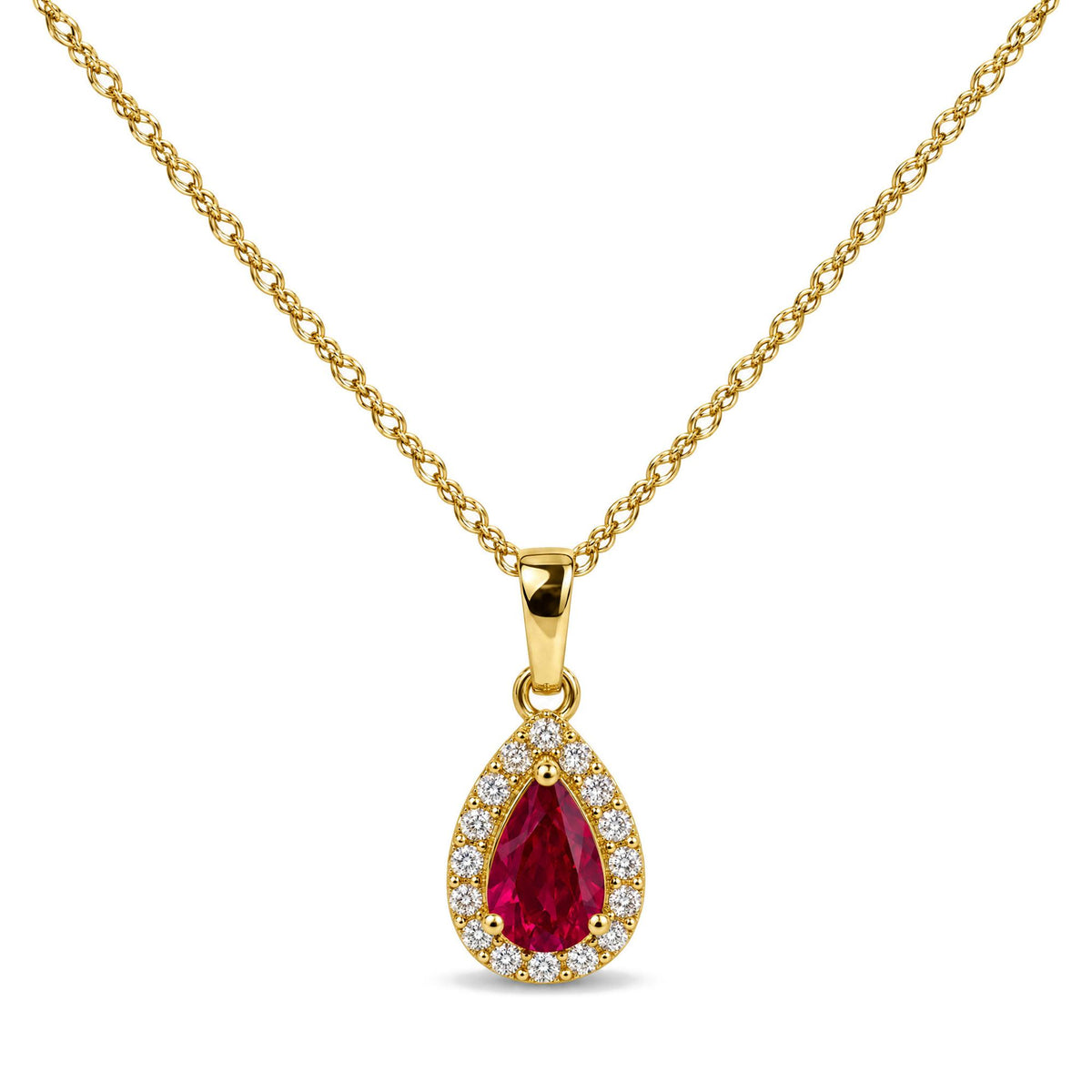Close-up front view of a yellow metal necklace with a pear-shaped red gemstone pendant surrounded by small white gemstones in prong settings.