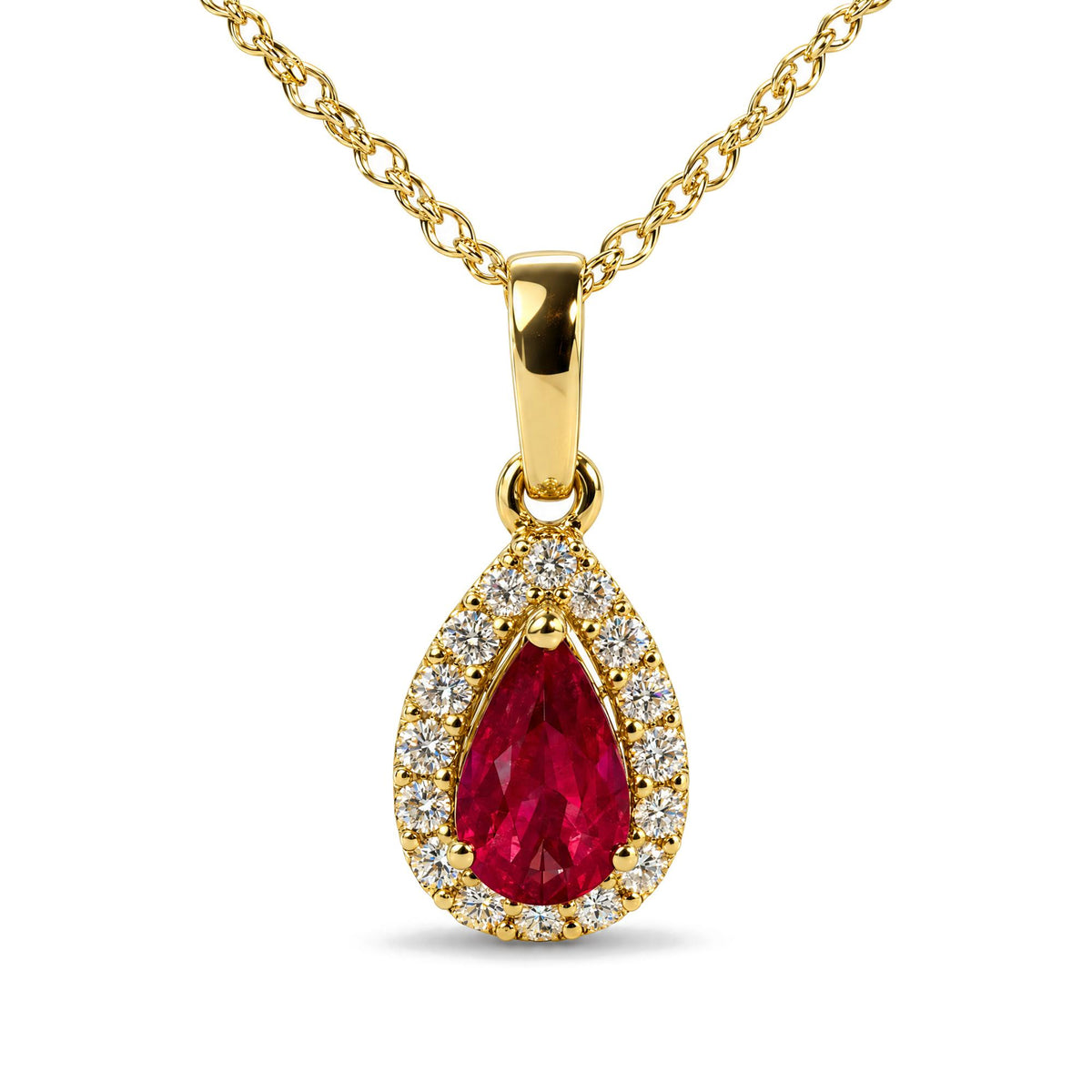 Close-up front view of a yellow metal necklace with a pear-shaped red gemstone pendant surrounded by round white gemstones, shown on a white background.