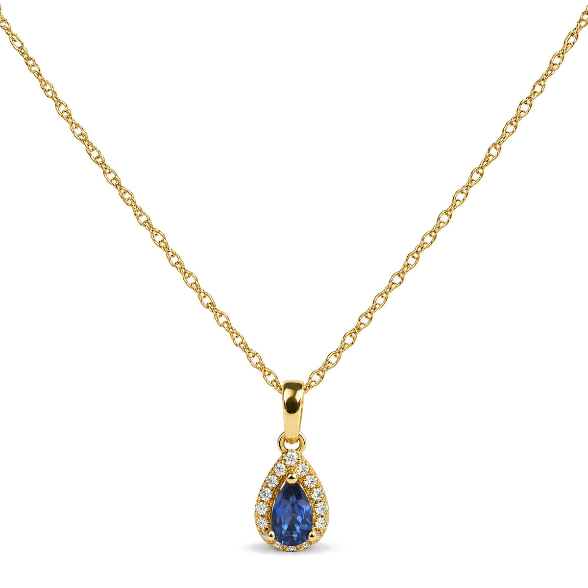 Close-up front view of a yellow necklace chain featuring a pear-shaped blue gemstone pendant surrounded by round white gemstones in prong settings.