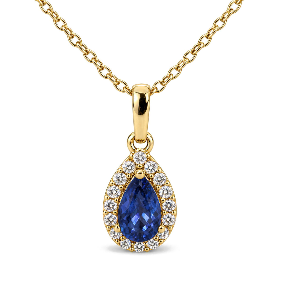 Close-up front view of a yellow necklace featuring a pear-shaped blue gemstone pendant surrounded by small round white gemstones in prong settings.