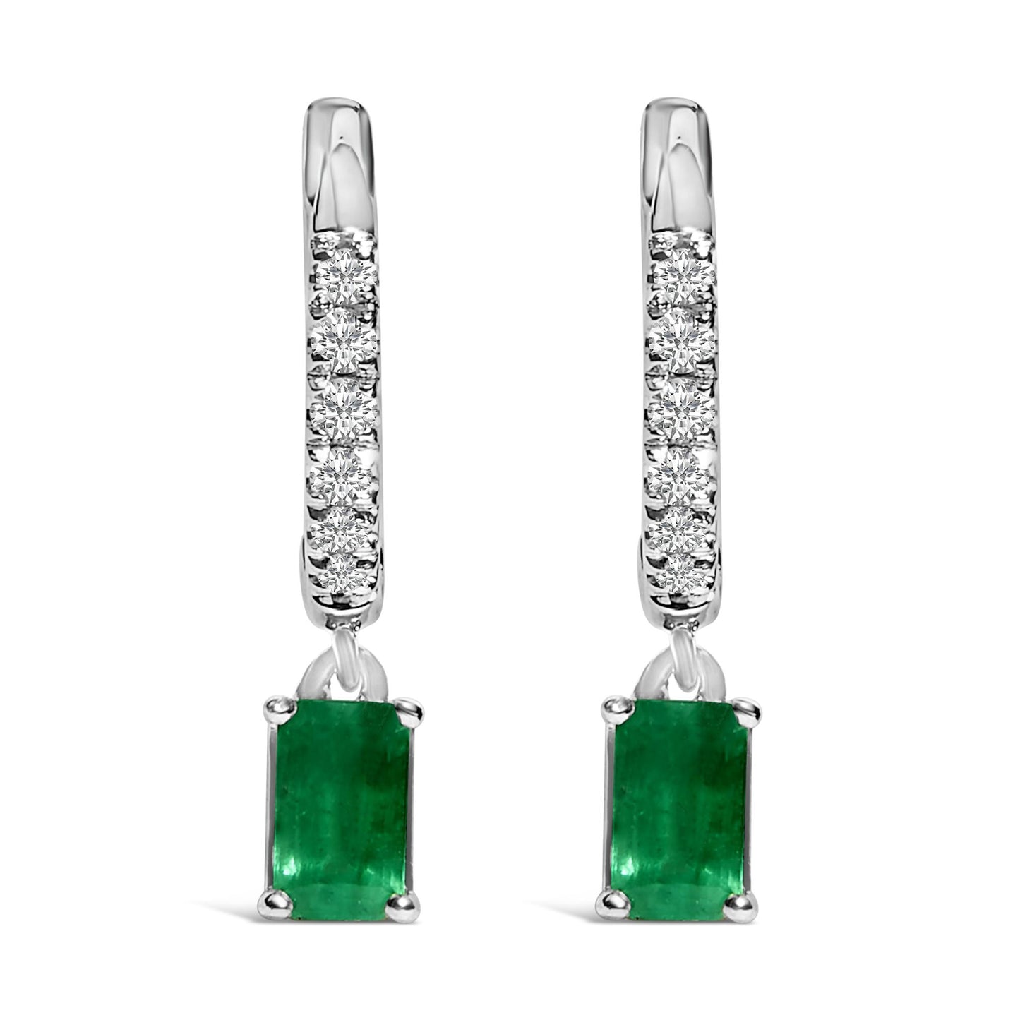 Front view of white metal earrings with a row of white round gemstones in pave setting on the hoops and a rectangular green gemstone dangling from each hoop.