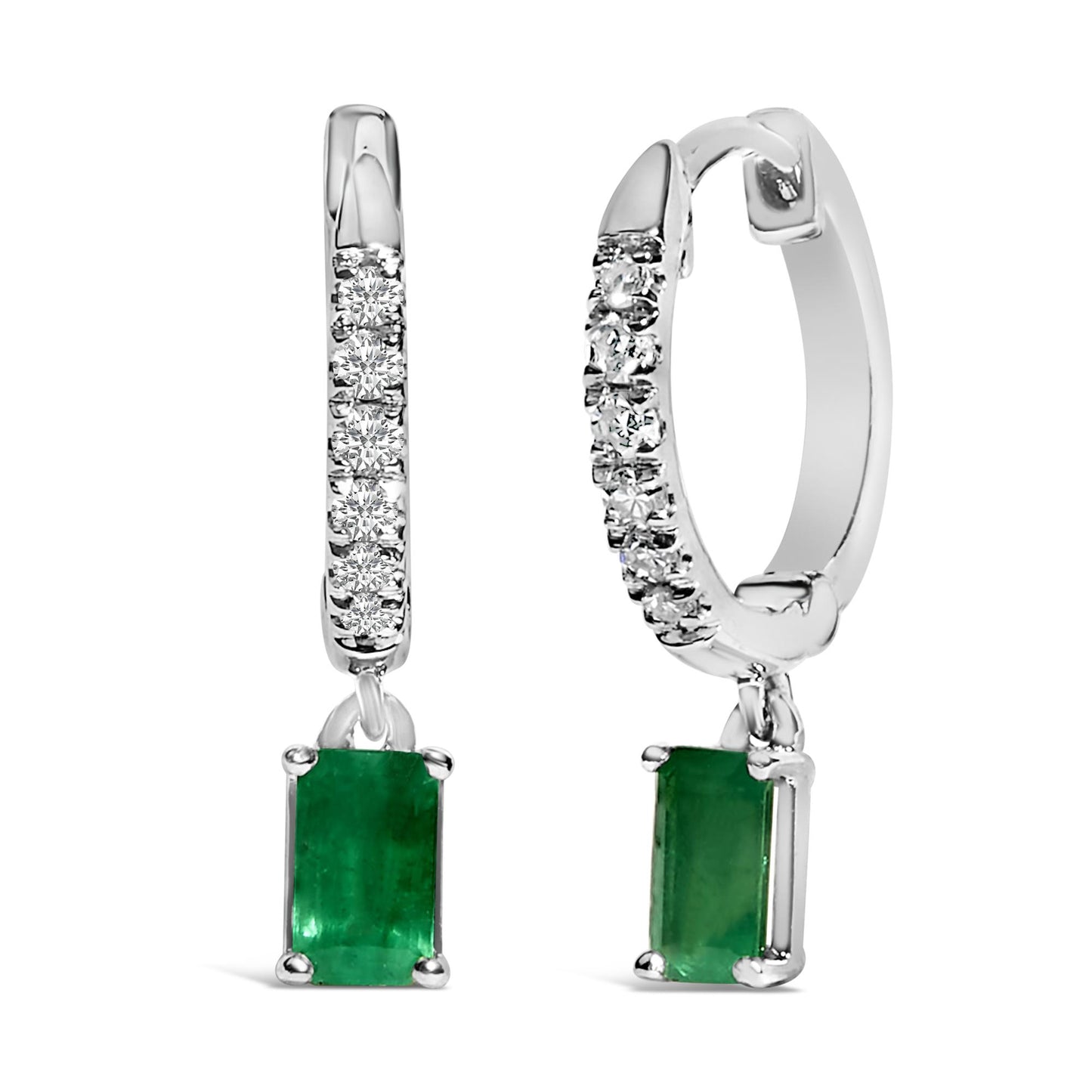 Front and angled side view of white metal hoop earrings with round white gemstones in pave setting along the hoop and a rectangular green gemstone in prong setting dangling from each hoop.