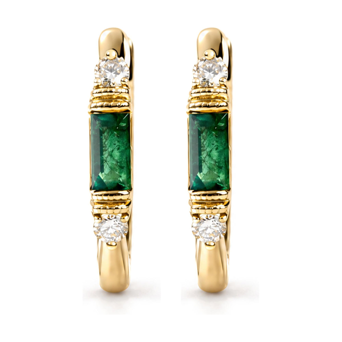 Close-up front view of a pair of yellow metal earrings featuring a round white gemstone in prong setting above a rectangular green gemstone in channel setting.