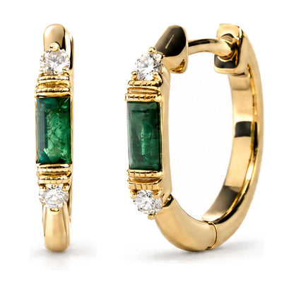 Close-up front and side view of yellow metal hoop earrings featuring green baguette-shaped gemstones in channel setting and round white gemstones in prong setting.