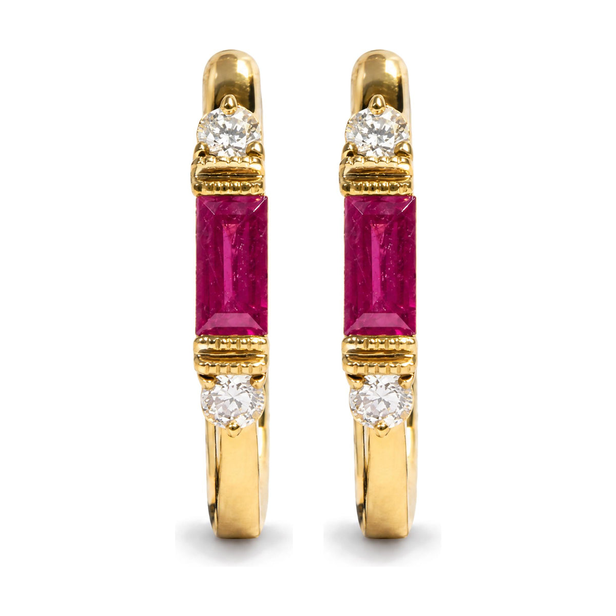Close-up front view of a pair of yellow metal earrings featuring a rectangular red gemstone set in a channel setting, with round white gemstones in prong settings above and below the red gemstone.