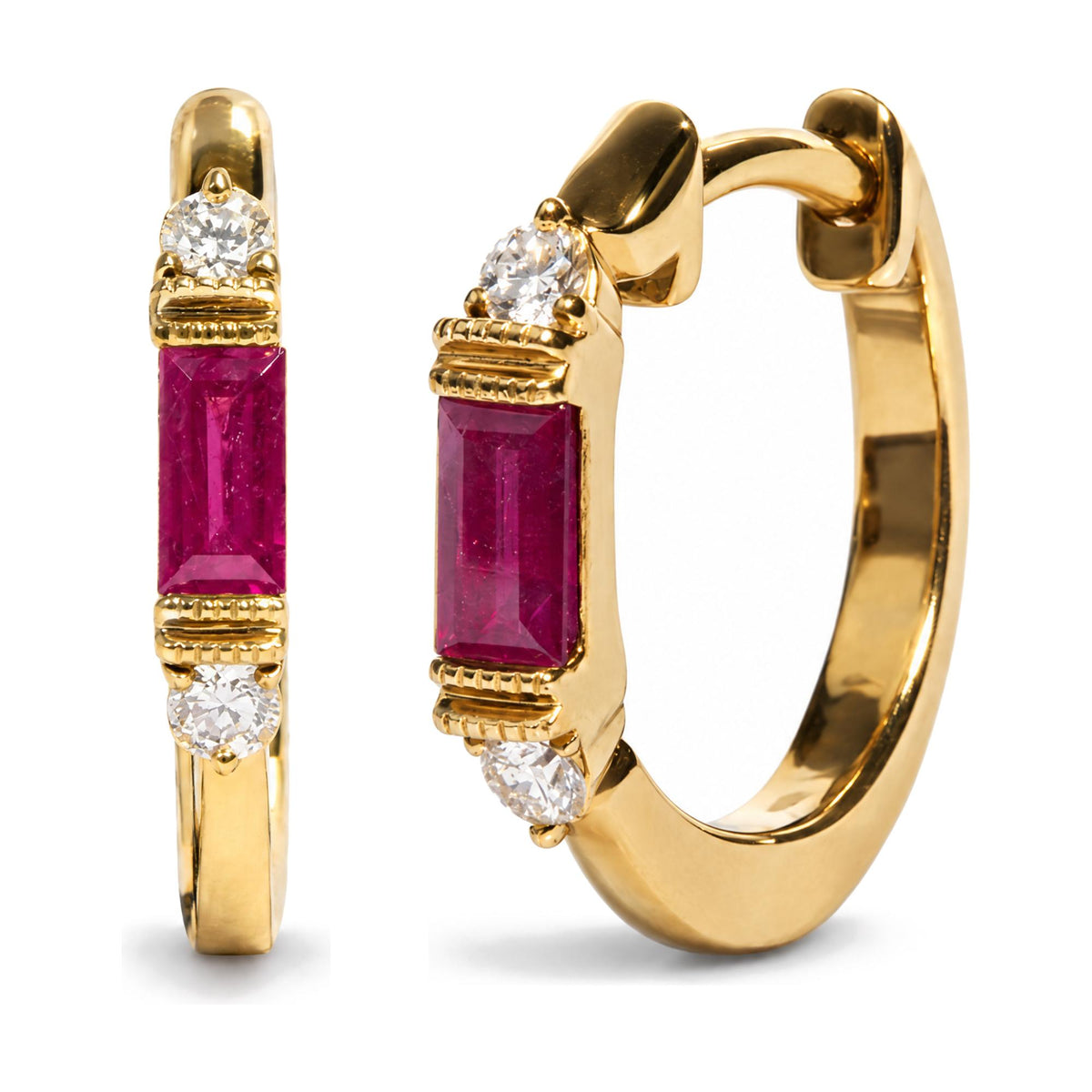 Close-up front and side angle of yellow metal hoop earrings with rectangular red gemstones in channel settings flanked by round white gemstones in prong settings.