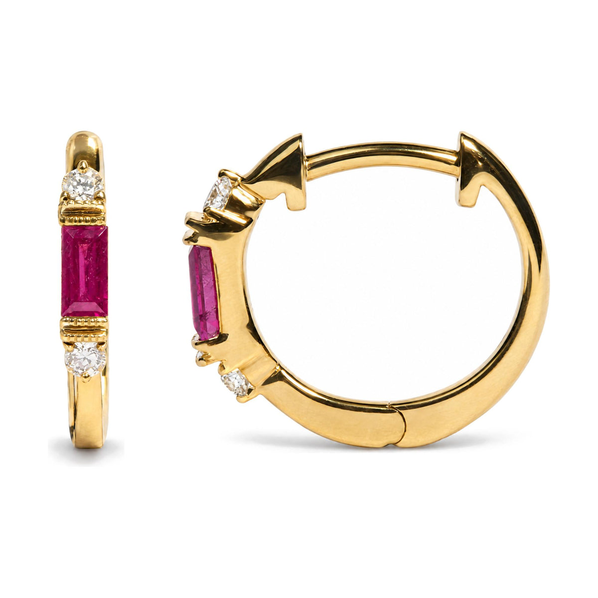 Close-up front and side view of yellow metal hoop earrings set with round white gemstones in prong settings and rectangular red gemstones in channel settings.