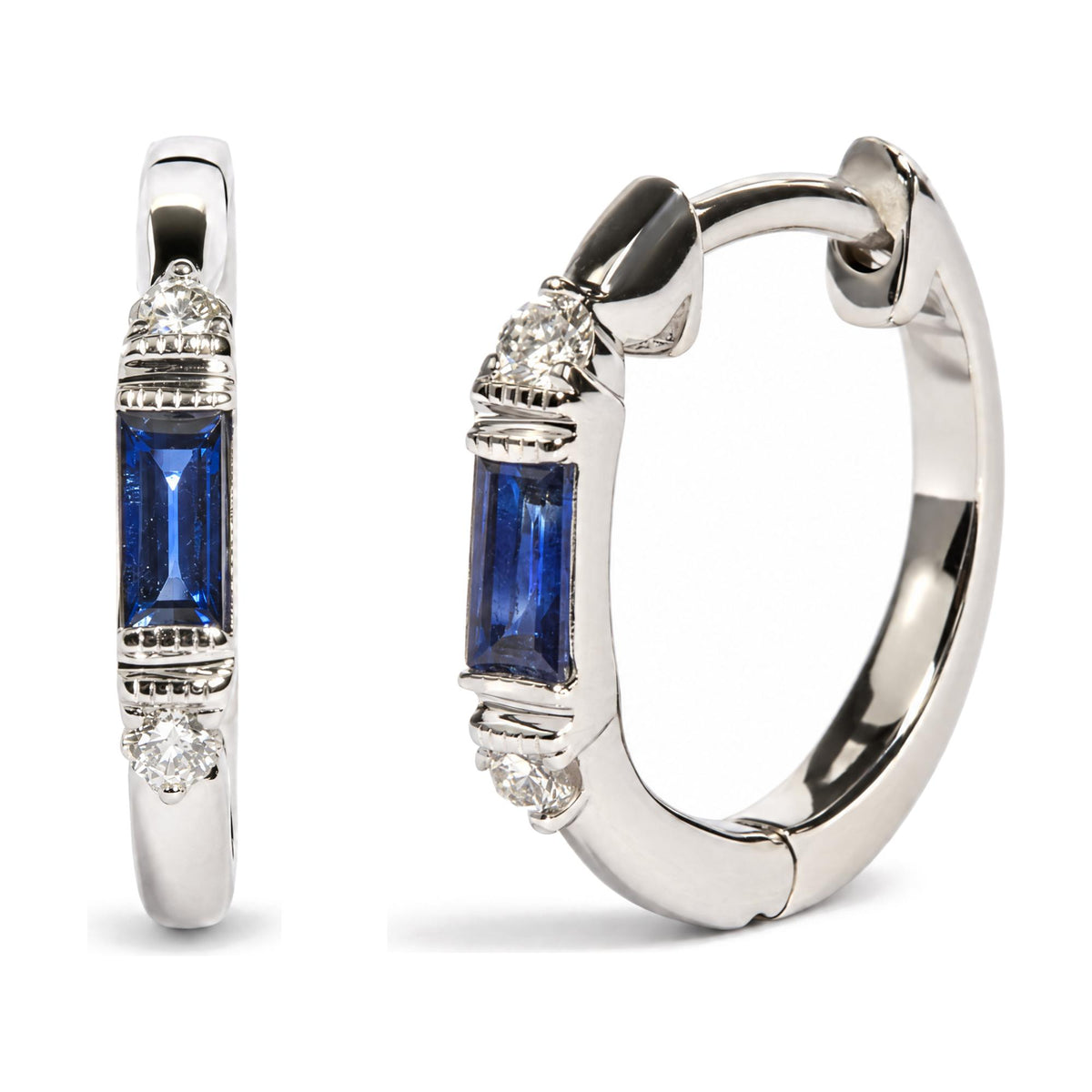 Close-up front and side view of a white metal hoop earring featuring a blue baguette-shaped gemstone in a channel setting, accented with round white gemstones in prong settings near the top.