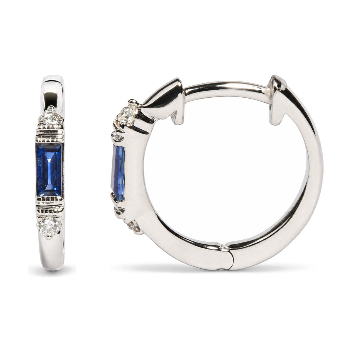 Close-up front and side view of white metal hoop earrings with blue baguette-shaped gemstones in channel settings and round white gemstones in prong settings.