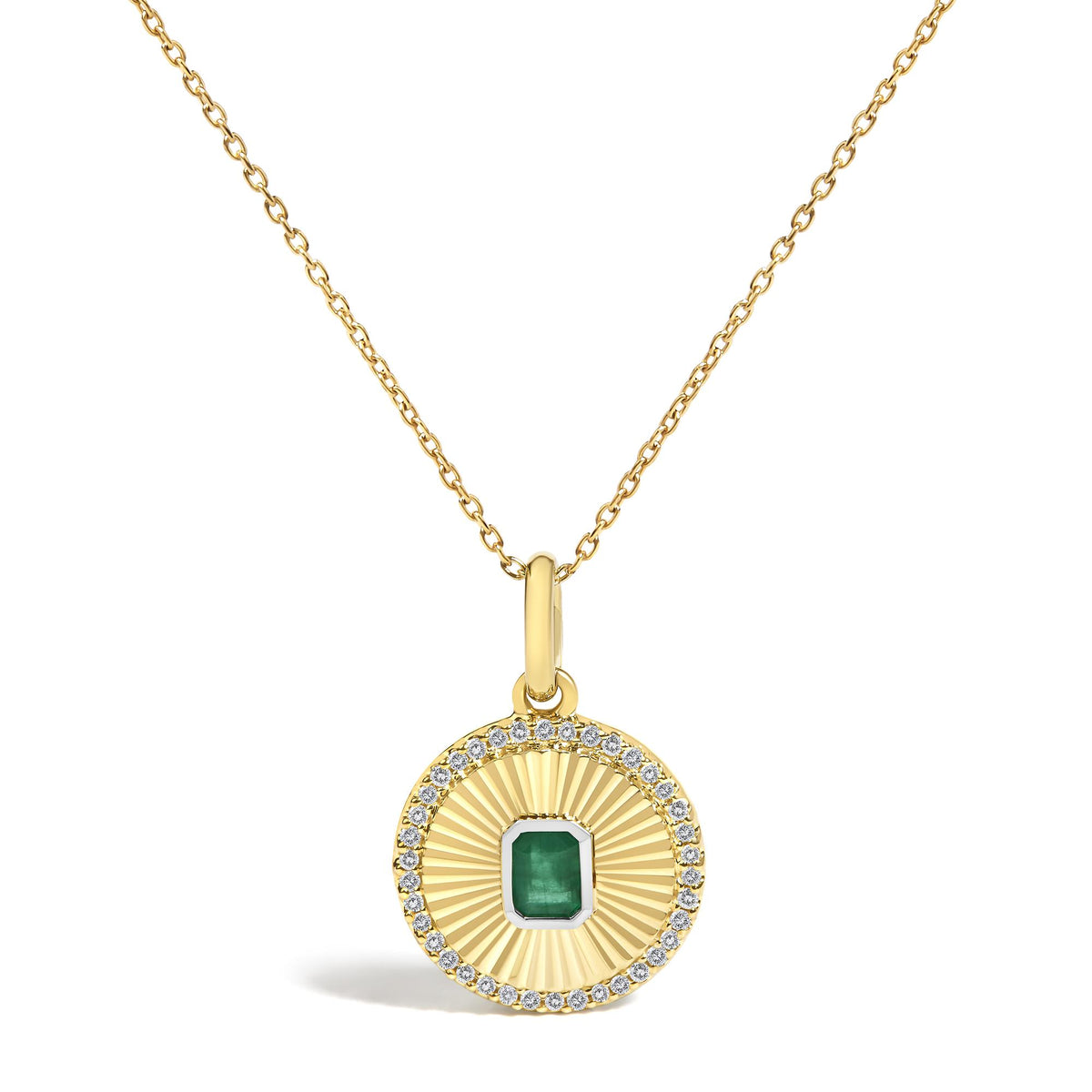 10K Yellow Gold 4x3 MM Emerald and 1/10 Cttw Diamond Circle Fluted Medallion Pendant Necklace