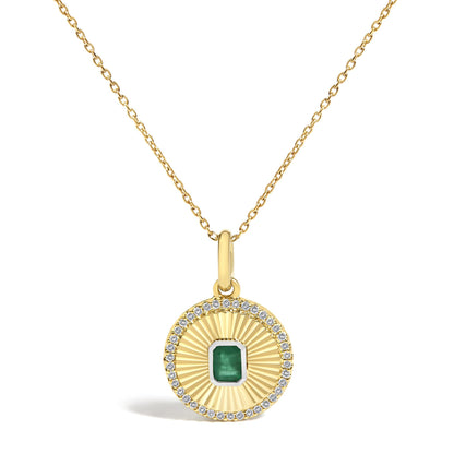 10K Yellow Gold 4x3 MM Emerald and 1/10 Cttw Diamond Circle Fluted Medallion Pendant Necklace