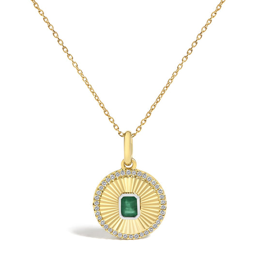 10K Yellow Gold 4x3 MM Emerald and 1/10 Cttw Diamond Circle Fluted Medallion Pendant Necklace