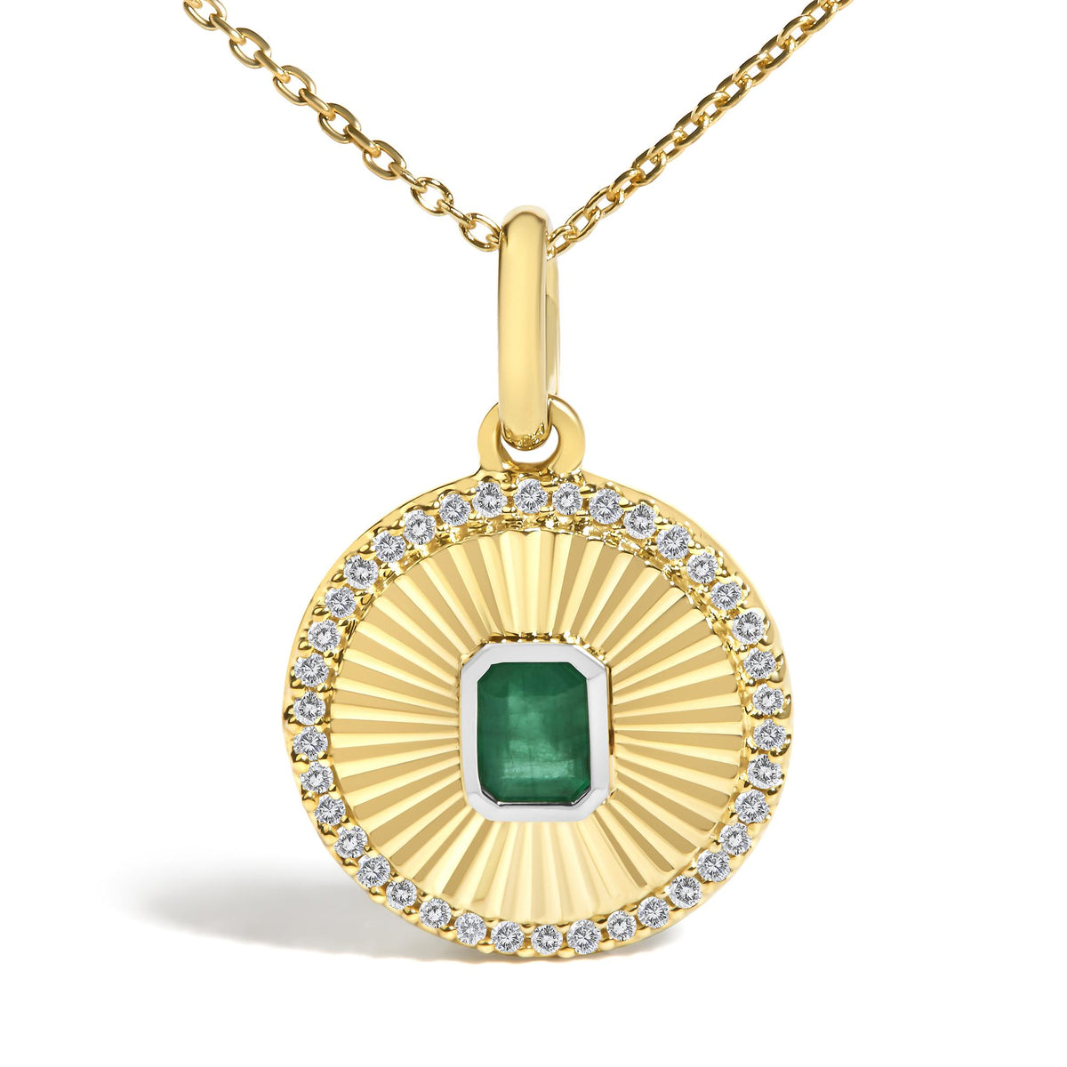 10K Yellow Gold 4x3 MM Emerald and 1/10 Cttw Diamond Circle Fluted Medallion Pendant Necklace