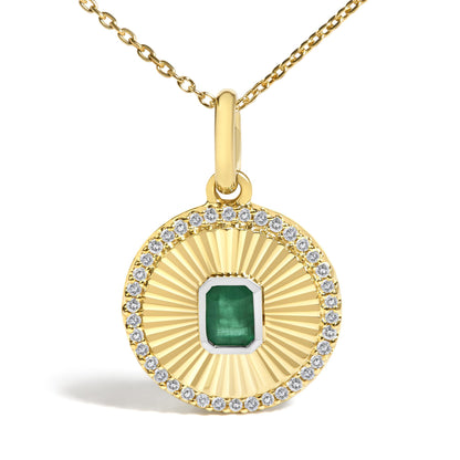 10K Yellow Gold 4x3 MM Emerald and 1/10 Cttw Diamond Circle Fluted Medallion Pendant Necklace