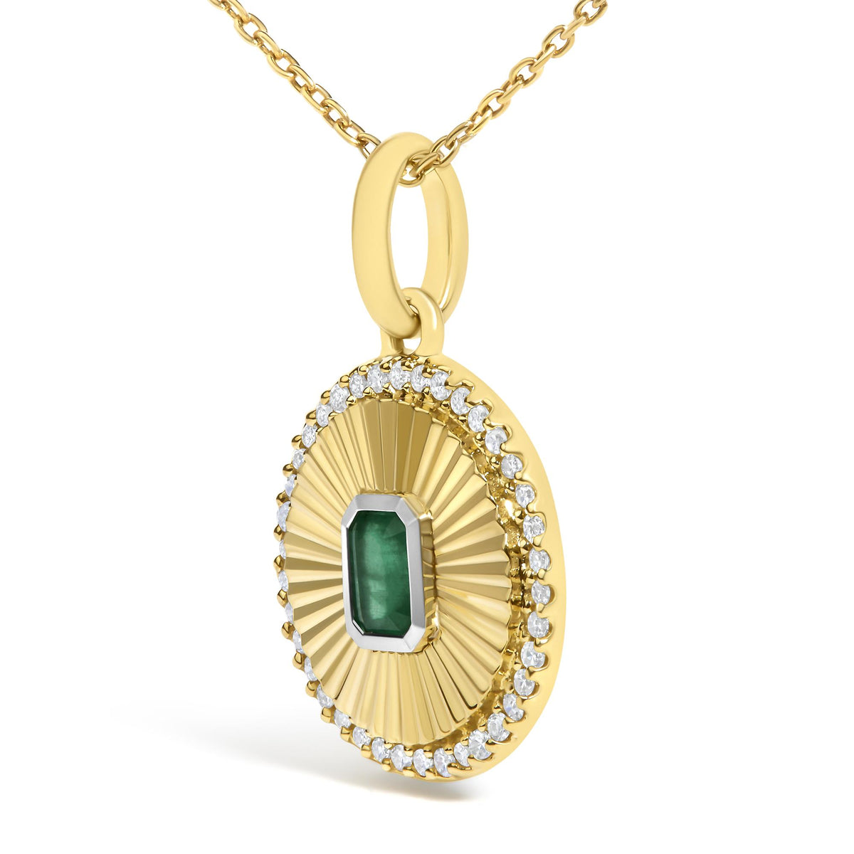 10K Yellow Gold 4x3 MM Emerald and 1/10 Cttw Diamond Circle Fluted Medallion Pendant Necklace