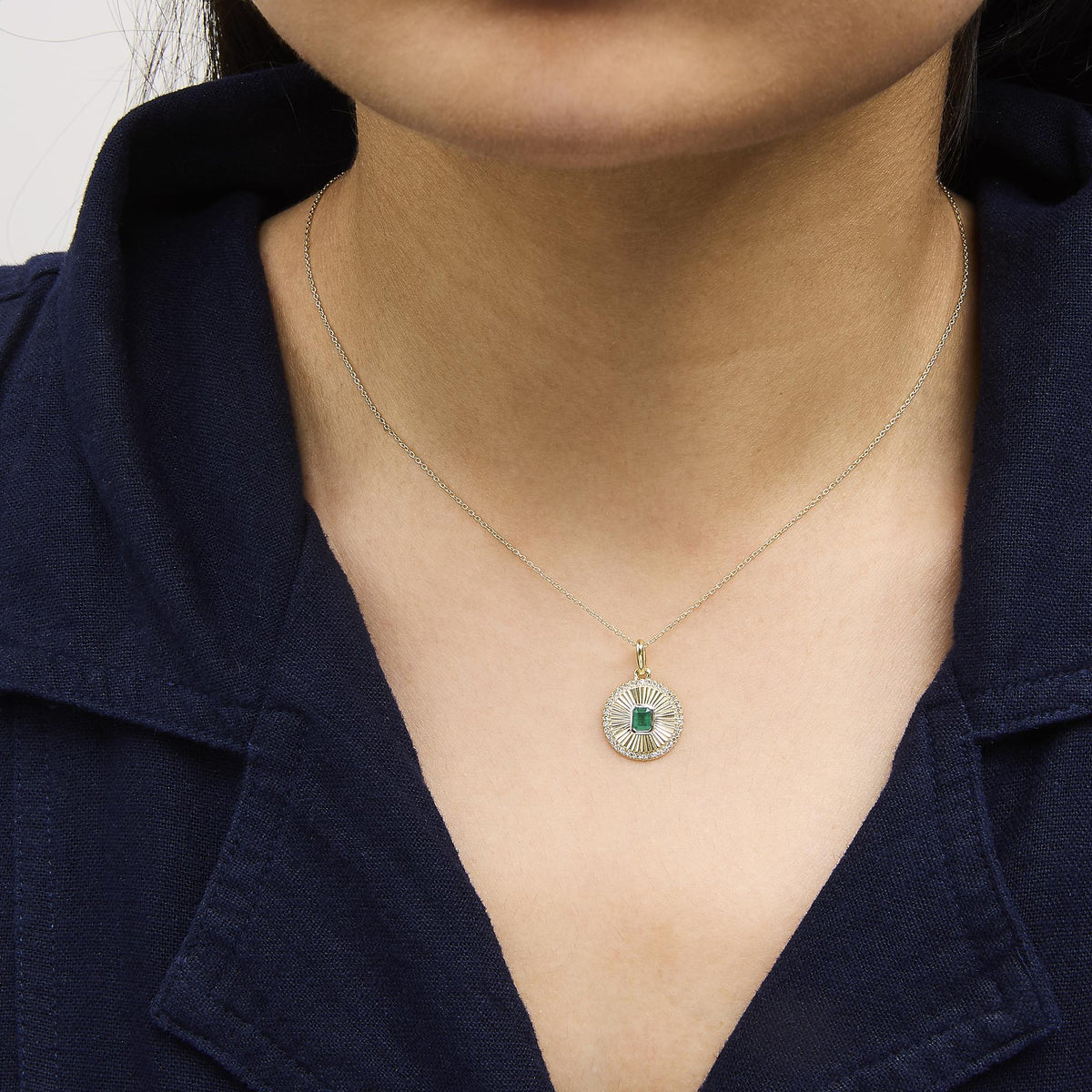 10K Yellow Gold 4x3 MM Emerald and 1/10 Cttw Diamond Circle Fluted Medallion Pendant Necklace