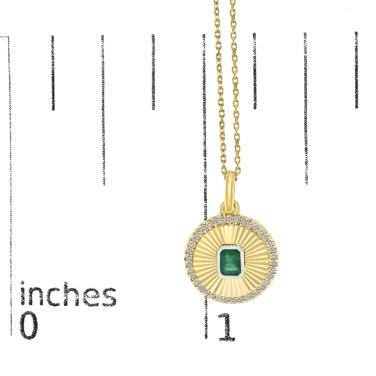10K Yellow Gold 4x3 MM Emerald and 1/10 Cttw Diamond Circle Fluted Medallion Pendant Necklace