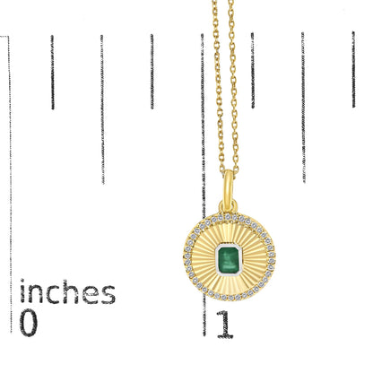 10K Yellow Gold 4x3 MM Emerald and 1/10 Cttw Diamond Circle Fluted Medallion Pendant Necklace