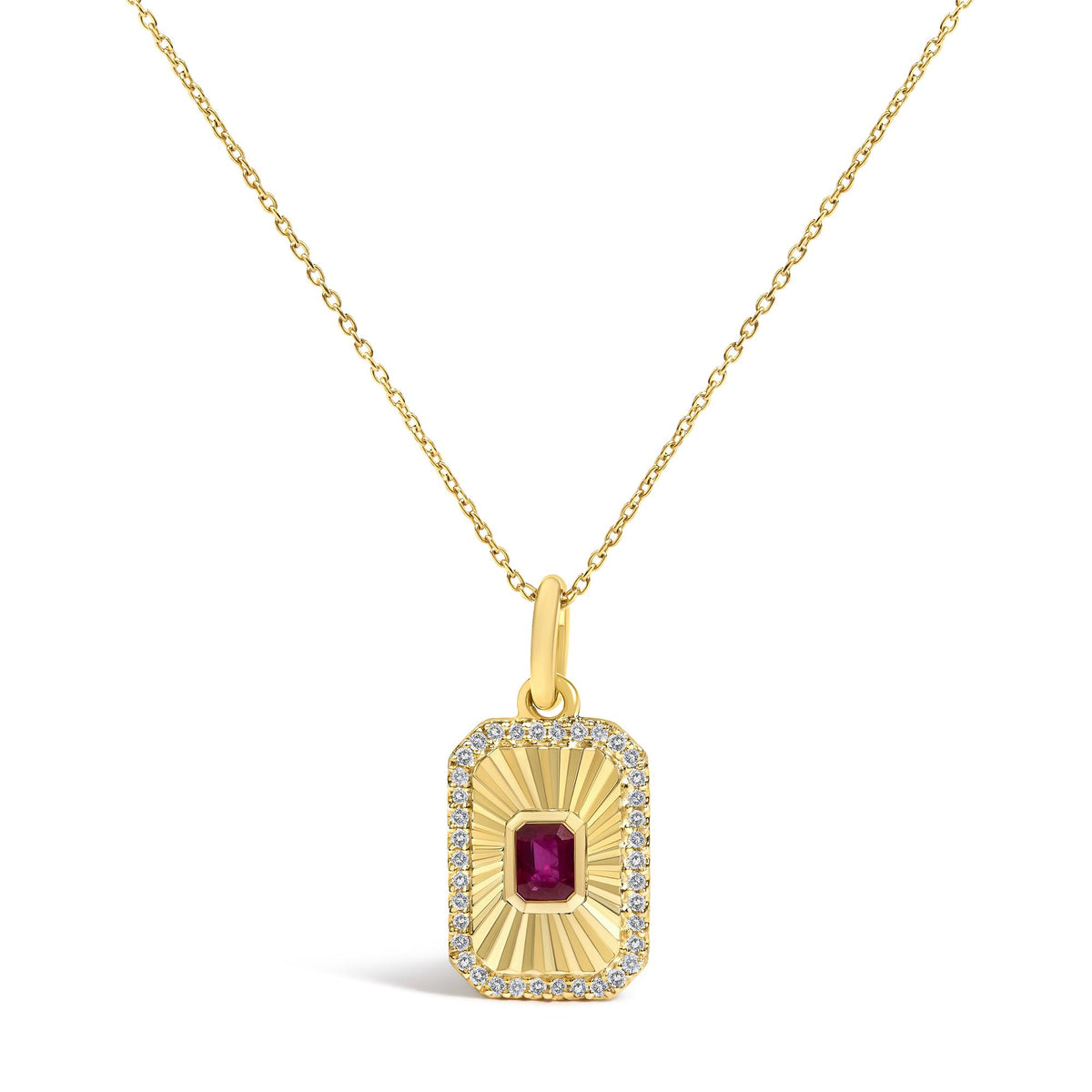 10K Yellow Gold 4x3 MM Ruby and 1/10 Cttw Diamond Rectangular Fluted Medallion Pendant Necklace
