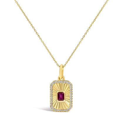 10K Yellow Gold 4x3 MM Ruby and 1/10 Cttw Diamond Rectangular Fluted Medallion Pendant Necklace