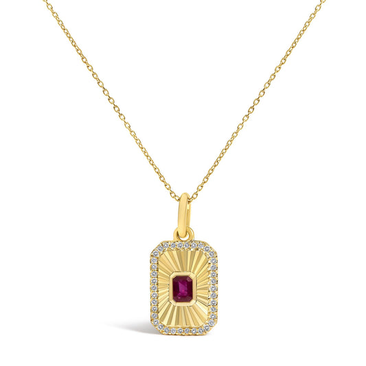 10K Yellow Gold 4x3 MM Ruby and 1/10 Cttw Diamond Rectangular Fluted Medallion Pendant Necklace