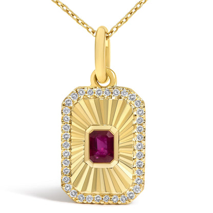 10K Yellow Gold 4x3 MM Ruby and 1/10 Cttw Diamond Rectangular Fluted Medallion Pendant Necklace