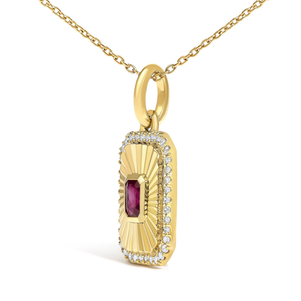 10K Yellow Gold 4x3 MM Ruby and 1/10 Cttw Diamond Rectangular Fluted Medallion Pendant Necklace