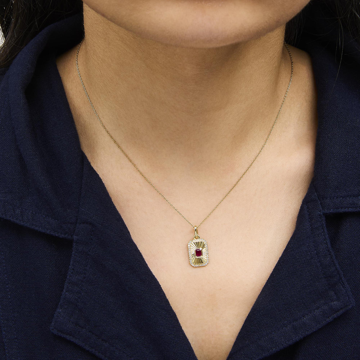 10K Yellow Gold 4x3 MM Ruby and 1/10 Cttw Diamond Rectangular Fluted Medallion Pendant Necklace