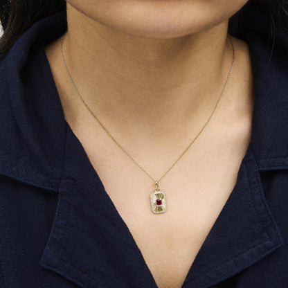 10K Yellow Gold 4x3 MM Ruby and 1/10 Cttw Diamond Rectangular Fluted Medallion Pendant Necklace