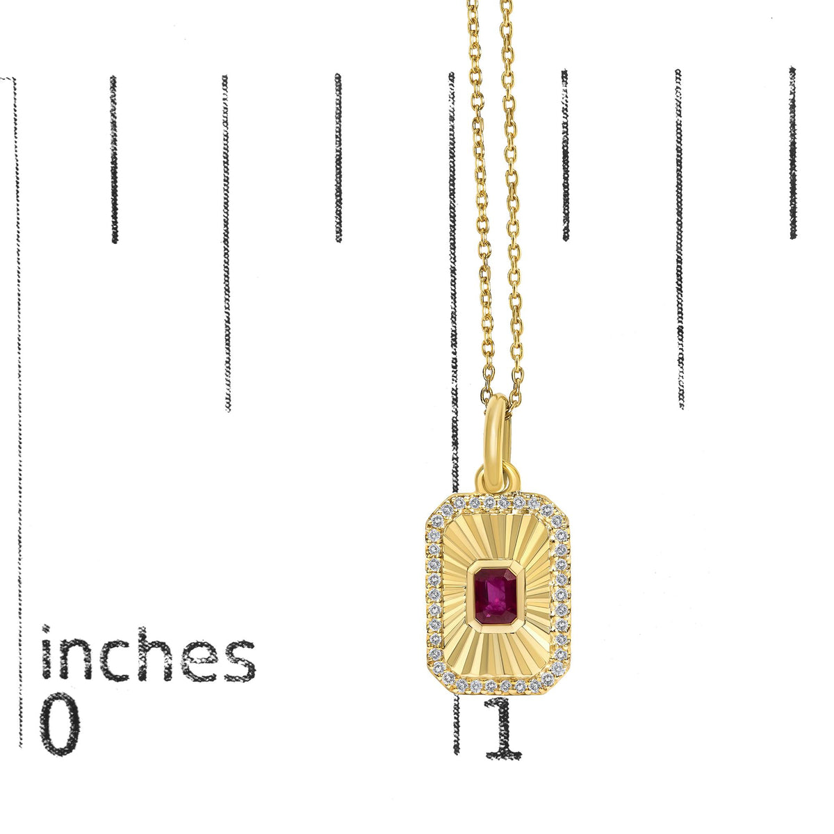 10K Yellow Gold 4x3 MM Ruby and 1/10 Cttw Diamond Rectangular Fluted Medallion Pendant Necklace