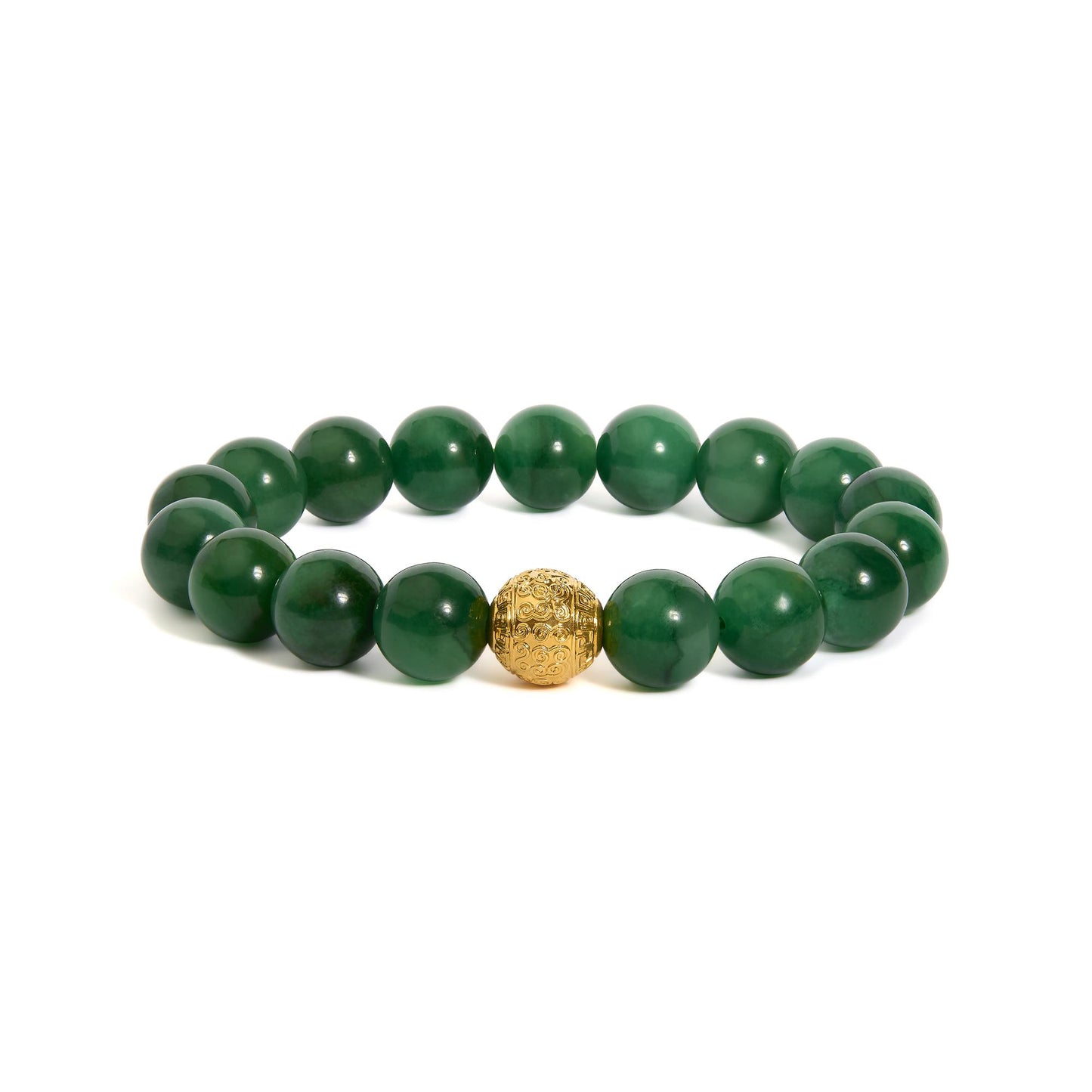 Close-up front angle of a bracelet composed of round green gemstones with a single intricate yellow metal bead in the center, shown on a white background.